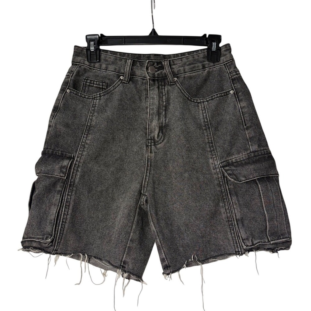 SHEIN Black Acid Wash Cargo Denim Shorts‎ High Waisted Frayed Hem Size 27